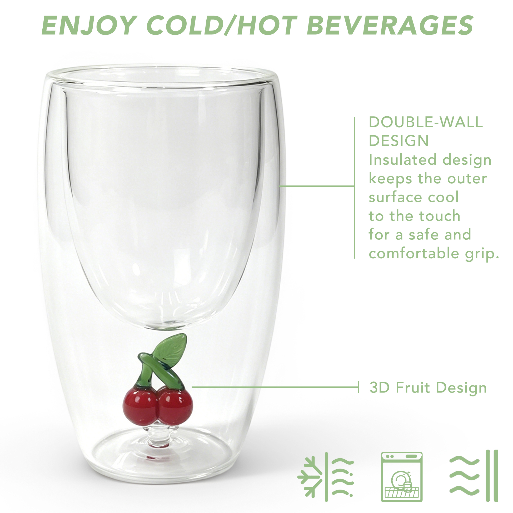 Set of 2 300ml Cherry Double Wall Glass Cup