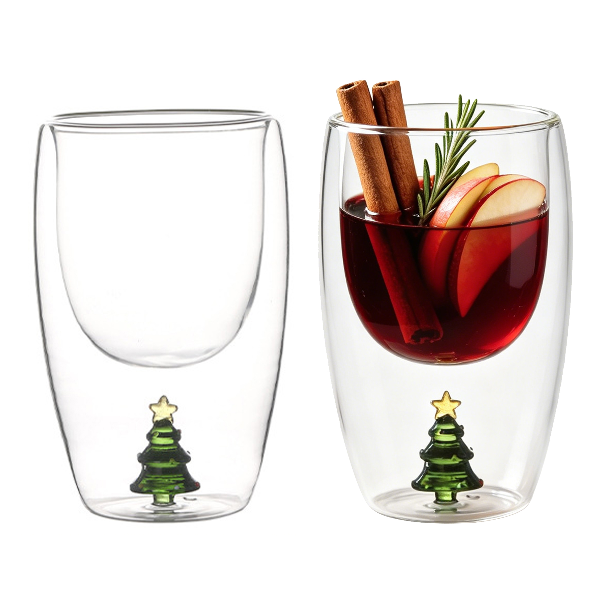 Set of 2 300ml Christmas Tree Double Wall Glass Cup