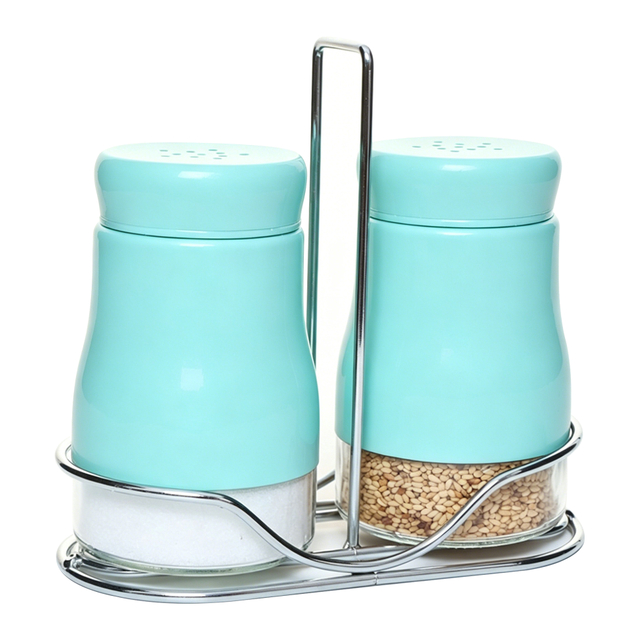 Turquoise Salt And Pepper Shakers Set with Stand