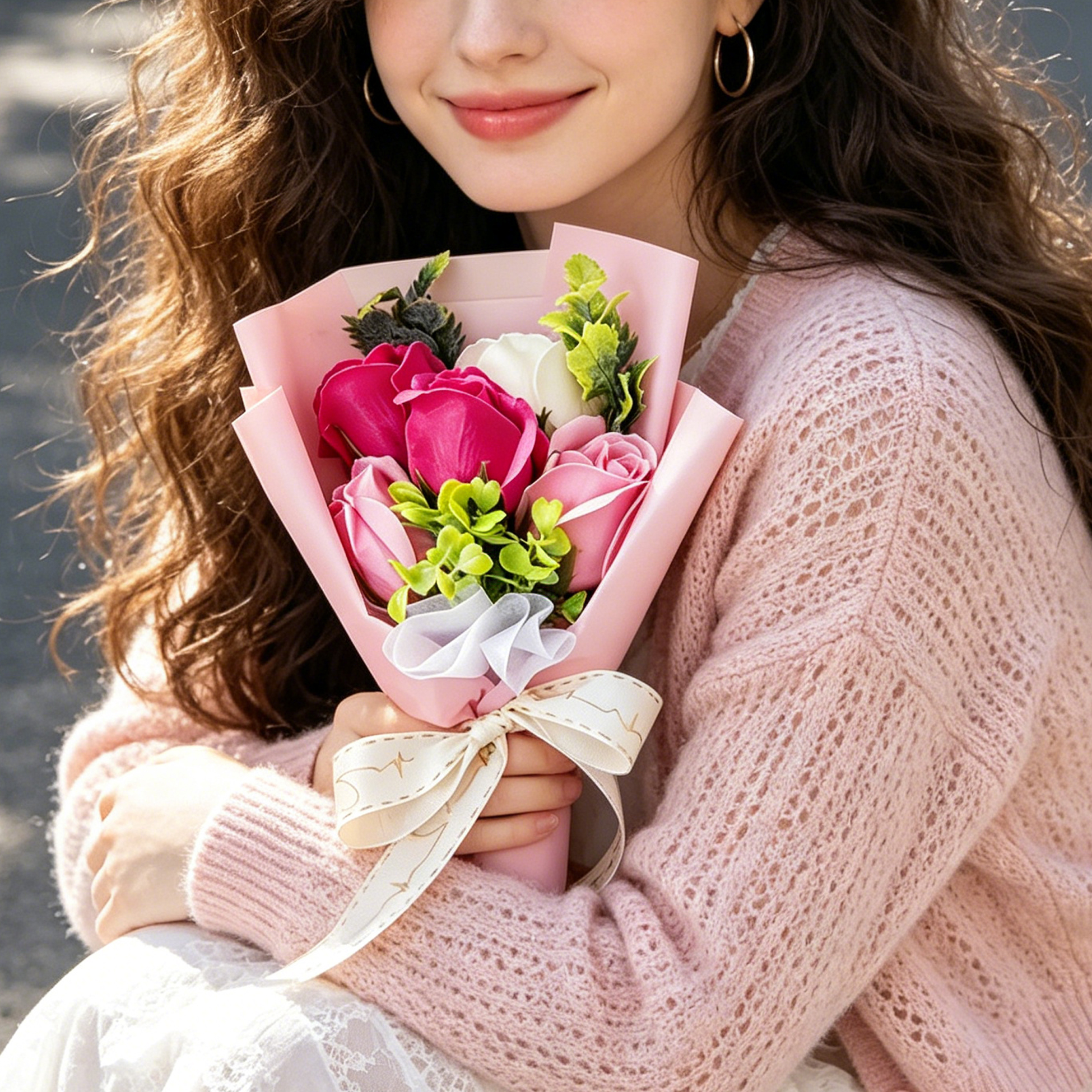 Pink Artificial Rose Flower Bouquet with Gift Box