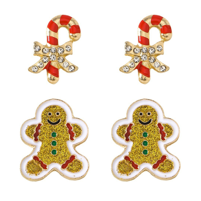 2 Pairs Enamel Gingerbread Man And Candy Cane Earrings
