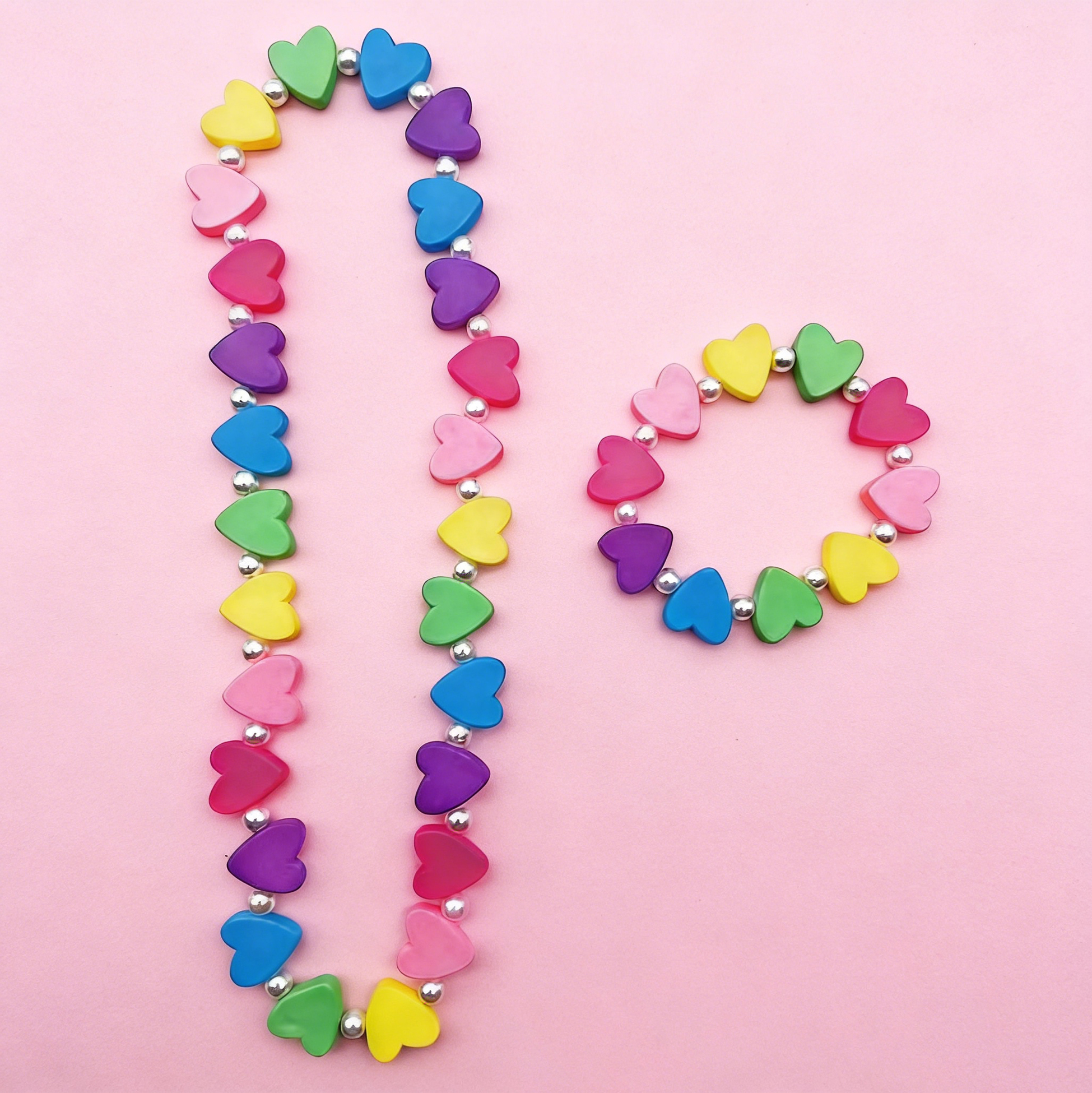 Kids Rainbow Heart Beaded Necklace And Bracelet Set