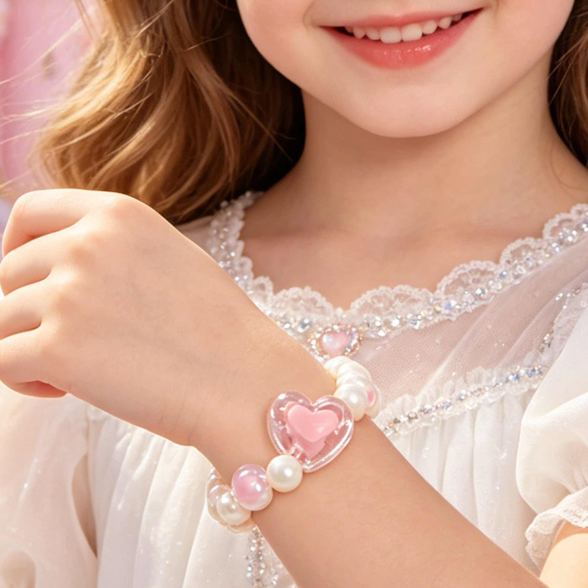 Kids Pink Heart Faux Pearl Beaded Bracelet