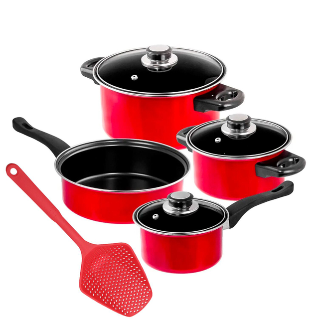 8 Piece Non-Stick Carbon Steel Coating Cookware Set With One Pieces Nylon Strainer Scoop Two Stockpot with Lid One Frying Pan One 24cm Stockpot with Lid