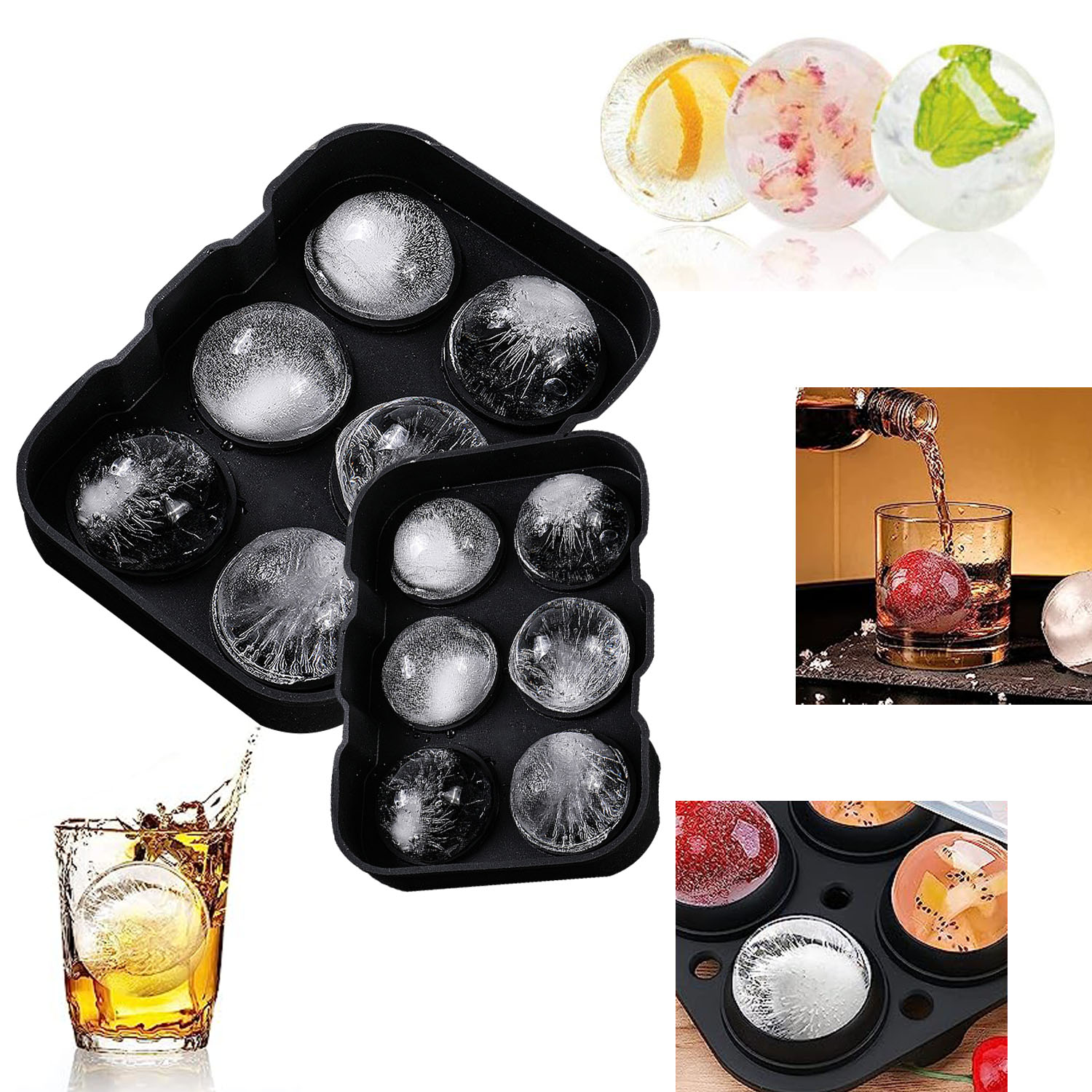 6 Balls Square Spherical Whiskey Ice Cubes Molded Silicone Ice Tray For Whiskey Ice And 7692