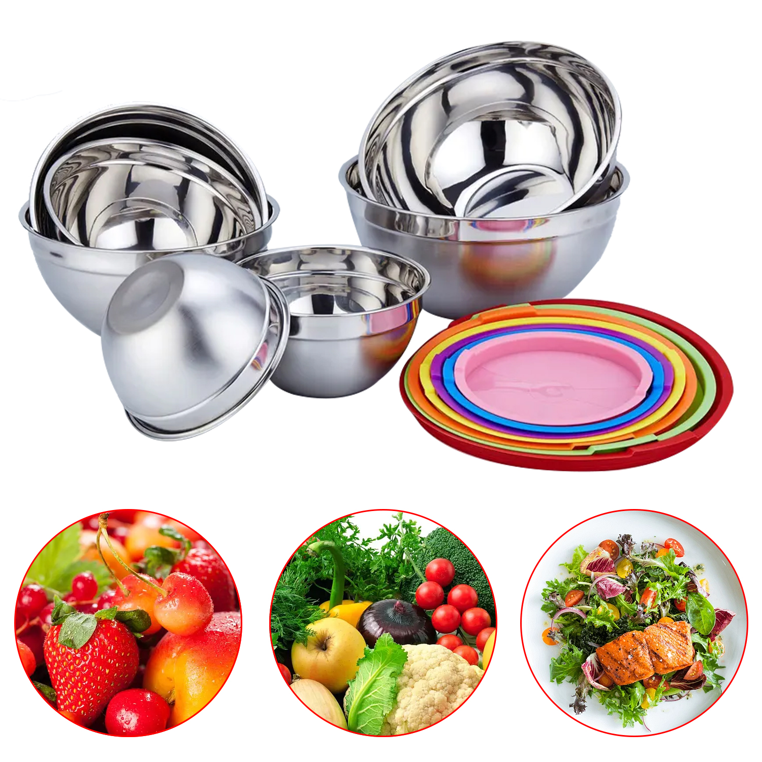 Colorful Stainless Steel Salad Bowl With Lid Kitchen Egg Mixing Bowls 7 Sizes Set For Cooking Baking