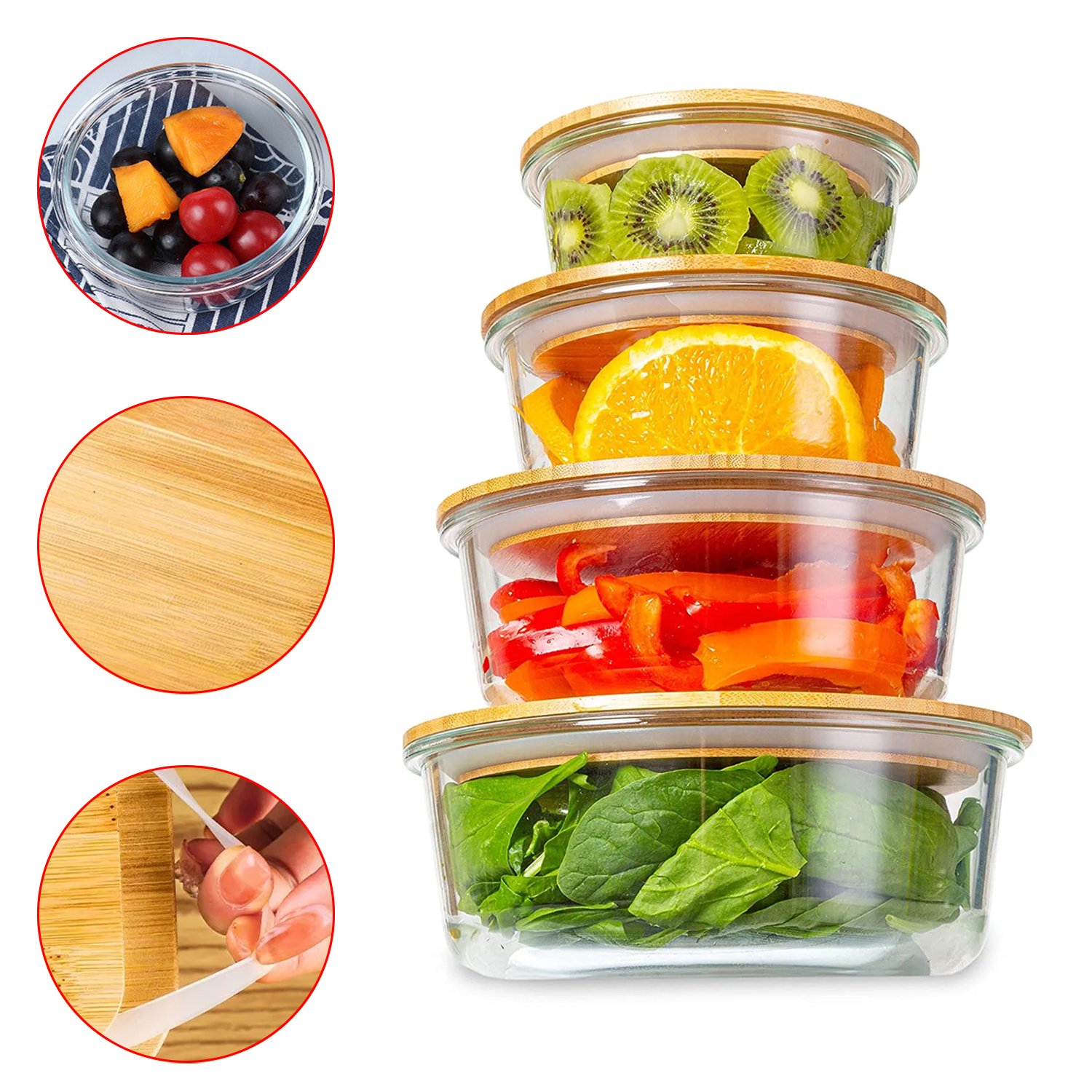 Round Glass Crisper Round Glass Food Container Bamboo Lid 400ml 620ml 950ml 1300ml Eco Friendly Thermal Food Container Lunch Box with Silicon Ring