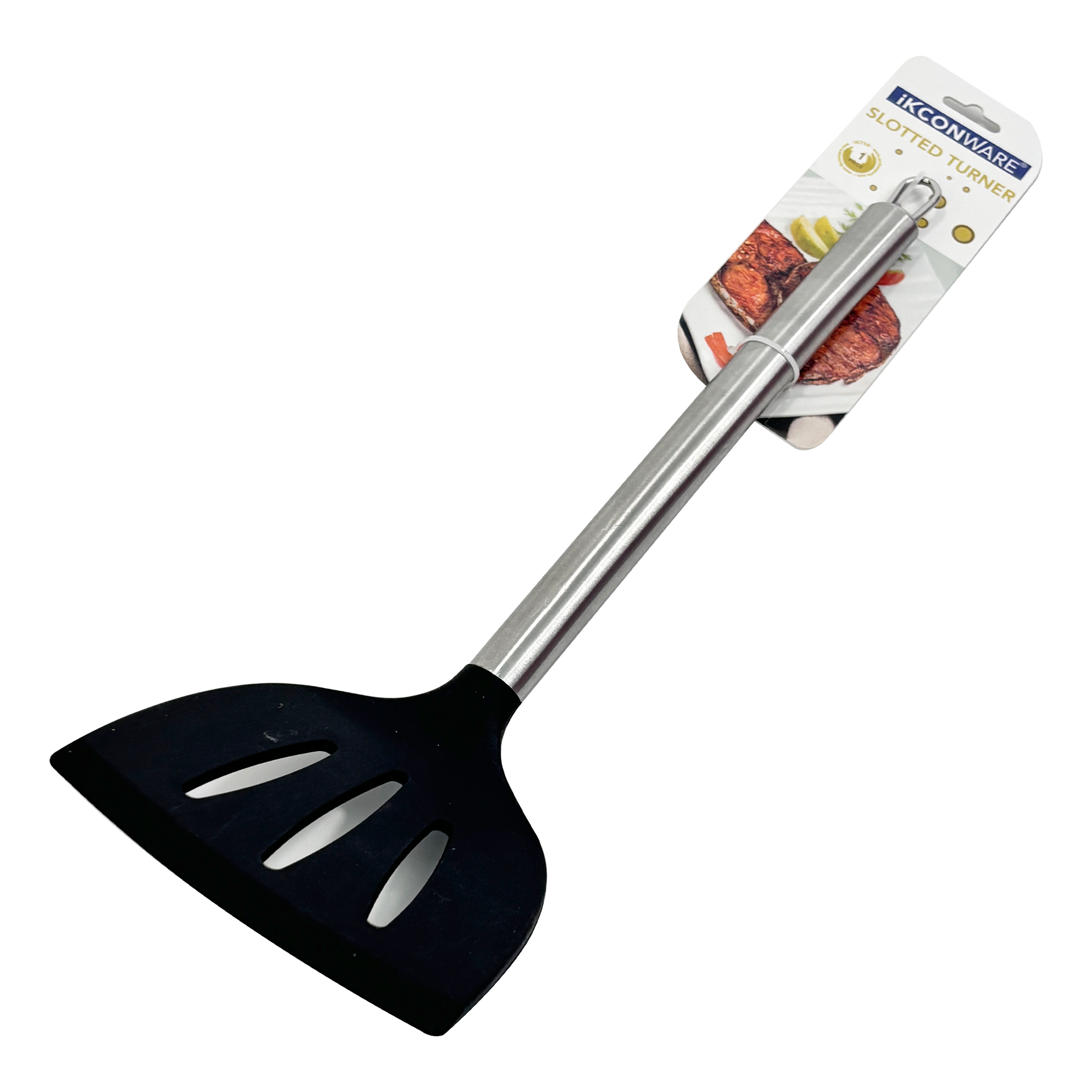 Versatile Black Silicone Slotted Turner with Stainless Steel Handle