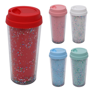 480ML Double Wall Glitter Plastic Tumbler with Flip Lid