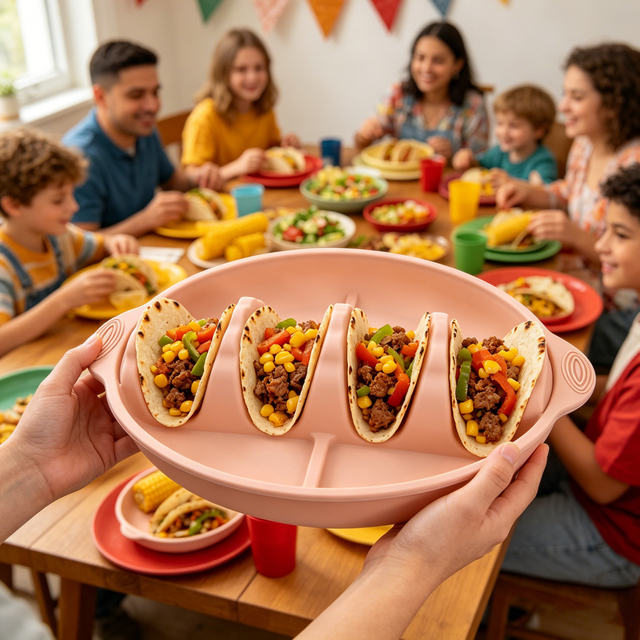 Silicone Taco Holder Tray, 4-Slot Taco Stand with Divided Sauce Area, BPA Free Non-Slip Reusable Plate