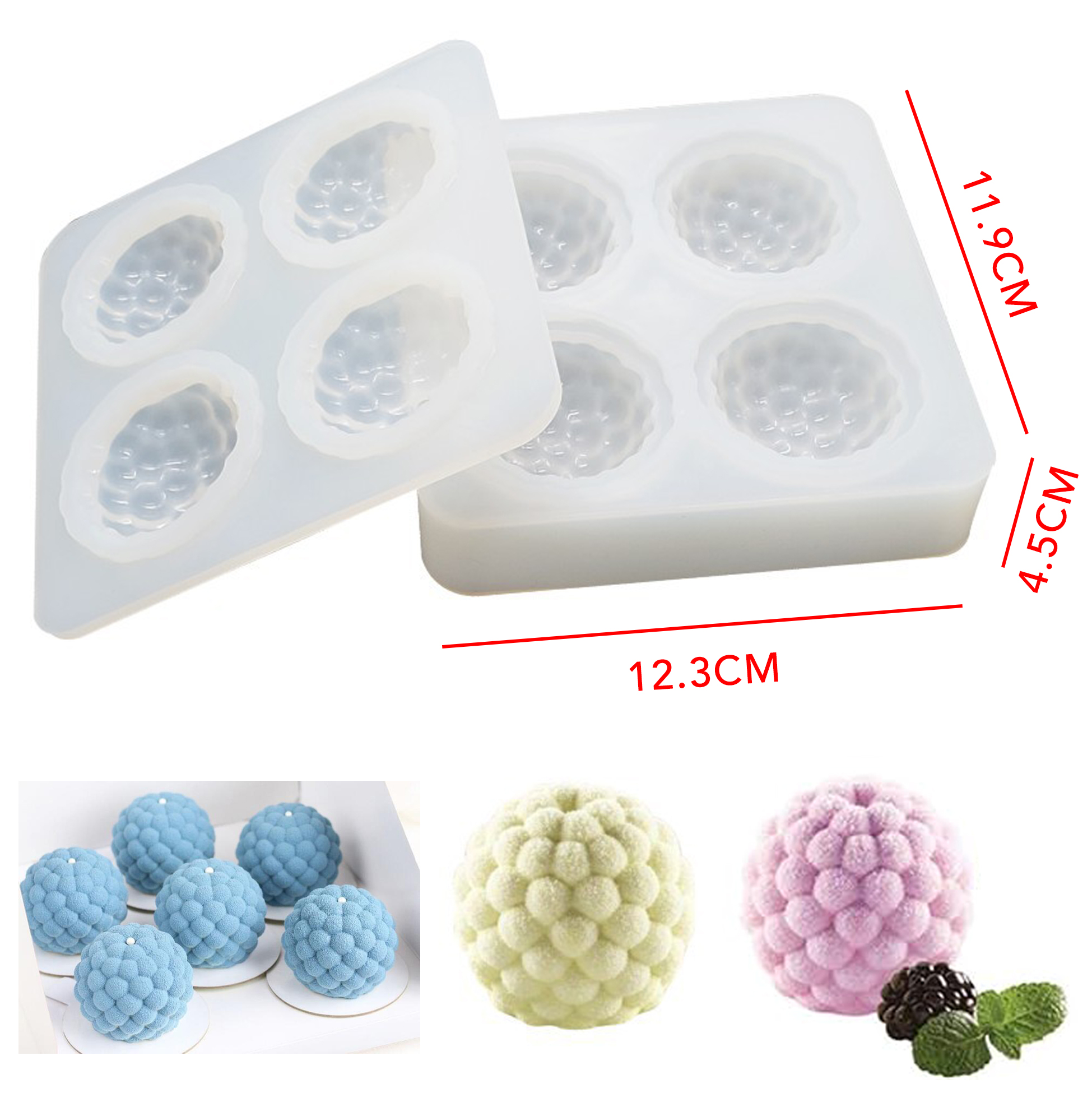 4 Cavity 3D Berry Ball Silicone Mold, Food Grade Non-Stick Silicone Mold