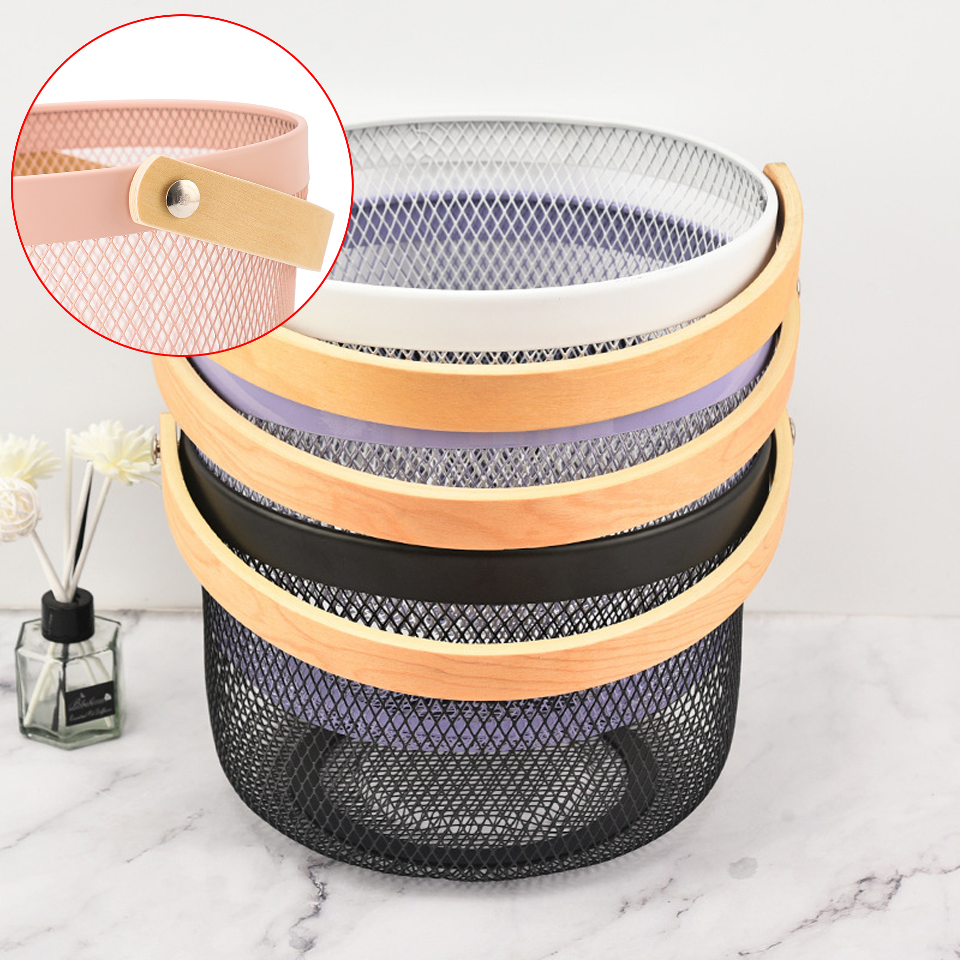 Metal Mesh Fruit Basket with Wooden Handle, Breathable Kitchen Storage Basket