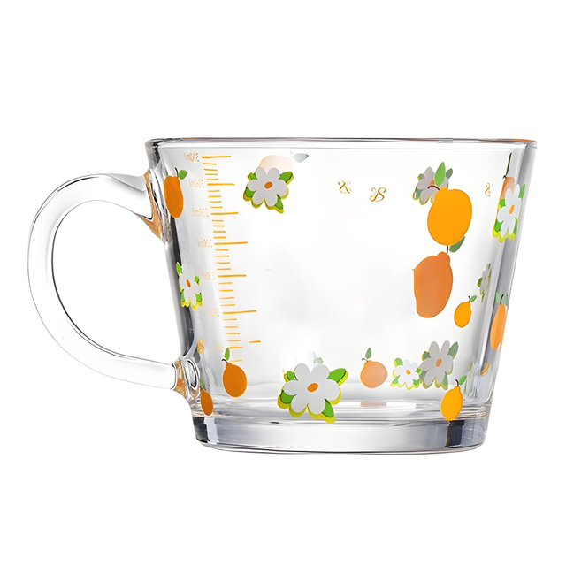 Orange Floral Pattern Measuring Glass Cup