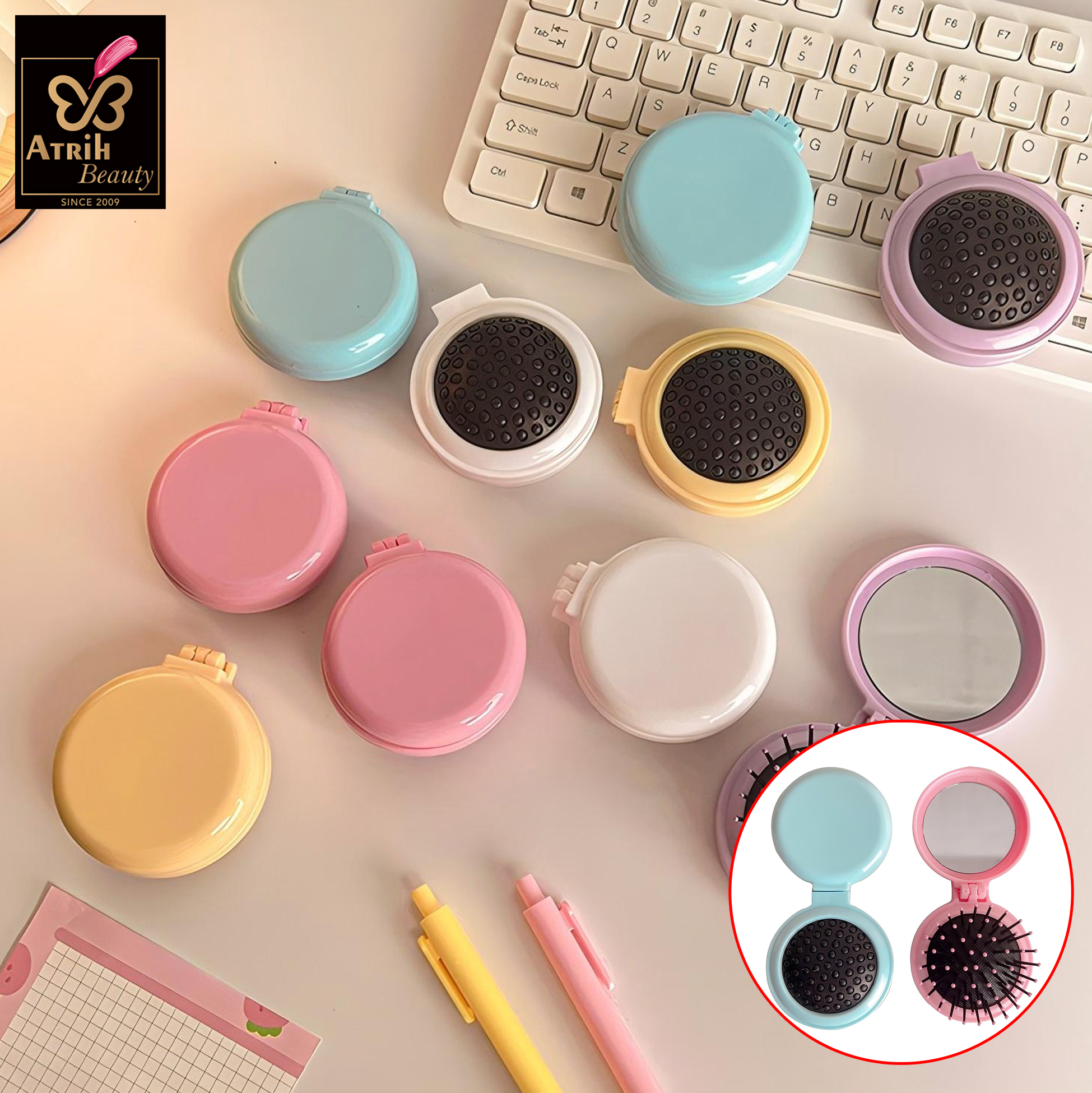  Pink Compact Hairbrush with Mirror 