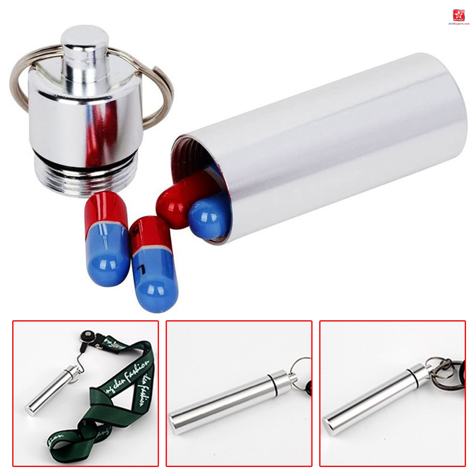 Stainless Steel Pill Container Keychain 