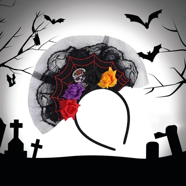 Day of The Dead Headband with Spider Web Design