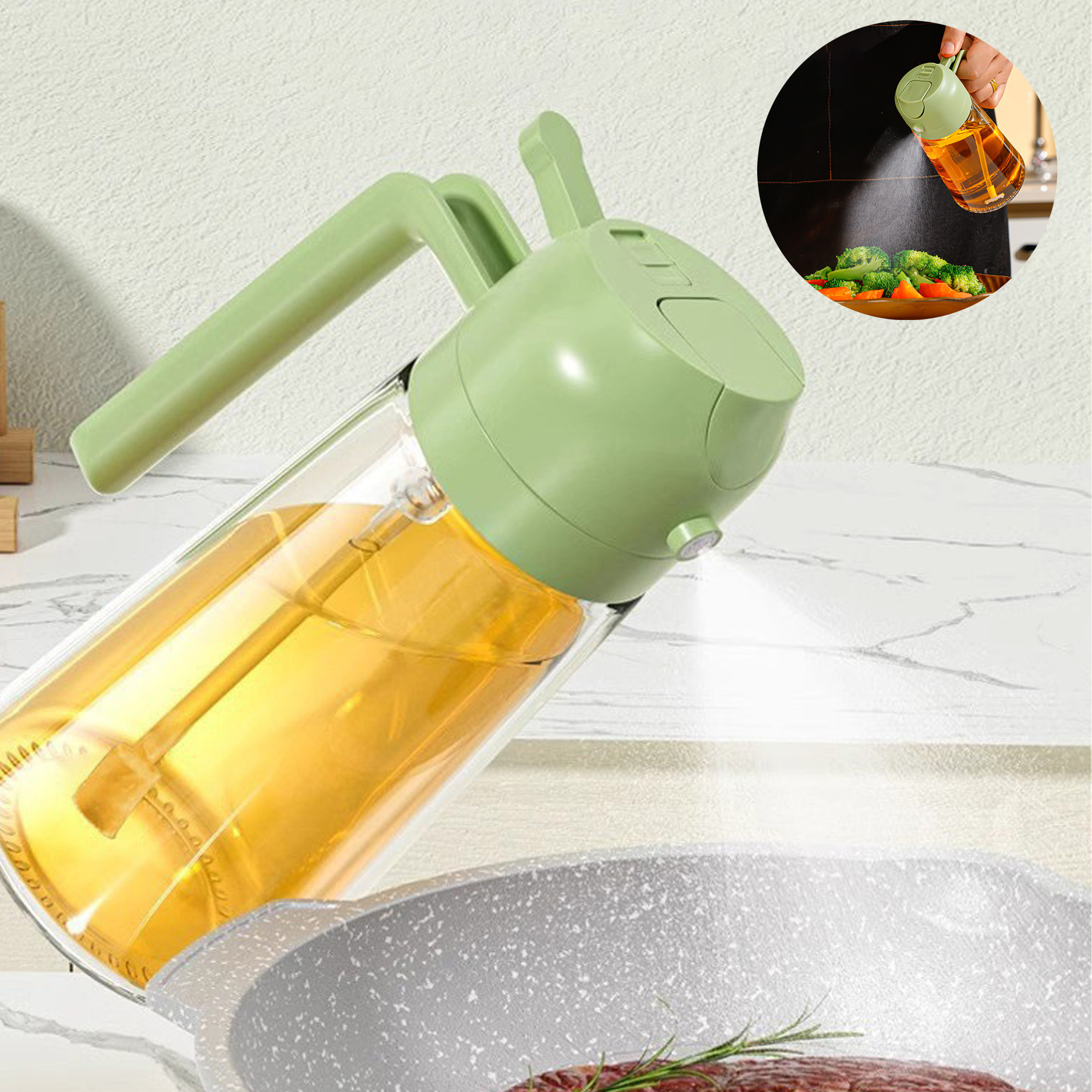 Glass Oil Dispenser Bottle with Green Plastic Lid And Spout