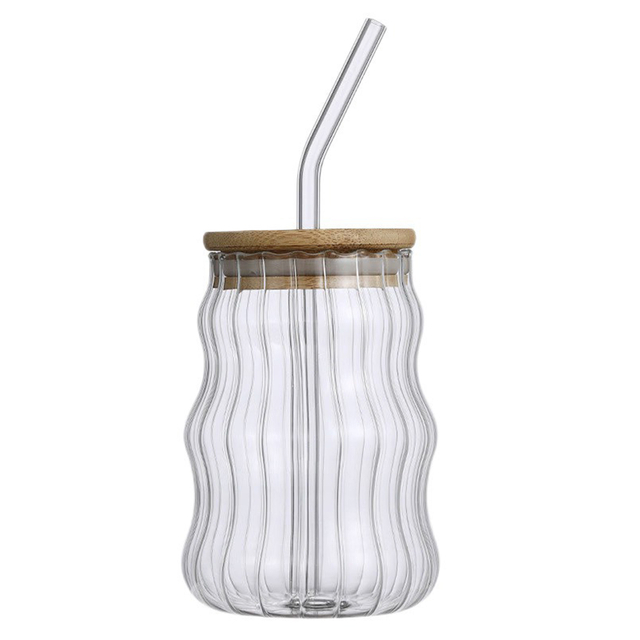 Wave - Design Glass Tumbler with Bamboo Lid and Straw
