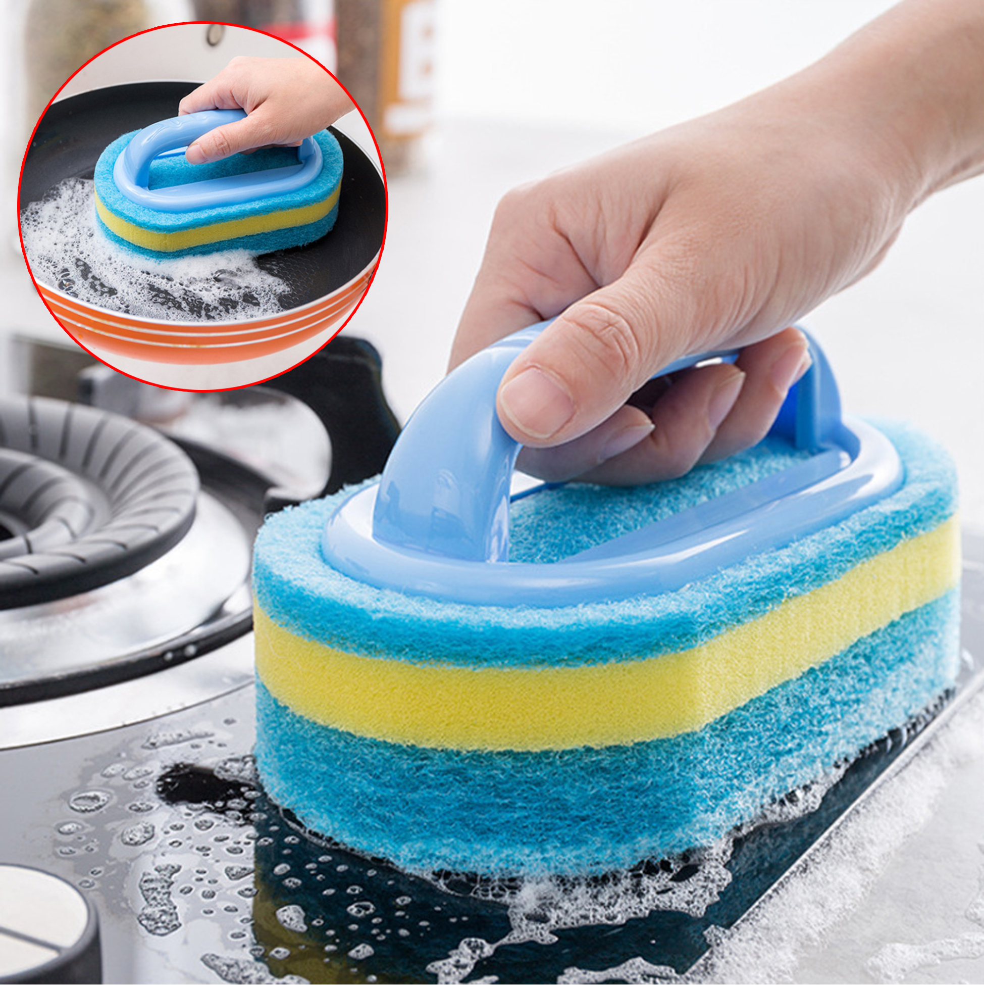 Ergonomic Handle Sponge Scrubber for Kitchen