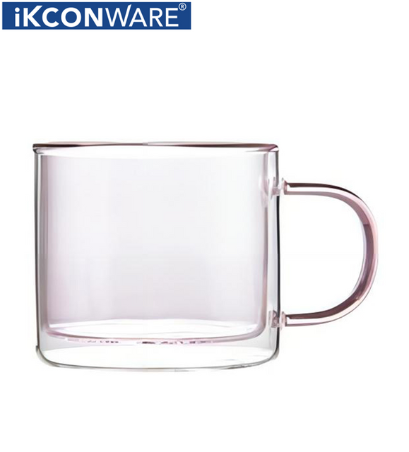 200ml Double Walled Pink tinted Glass Mug with Handle