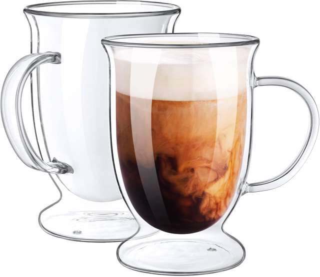 350ml Double Walled Glass Mug with Base and Handle