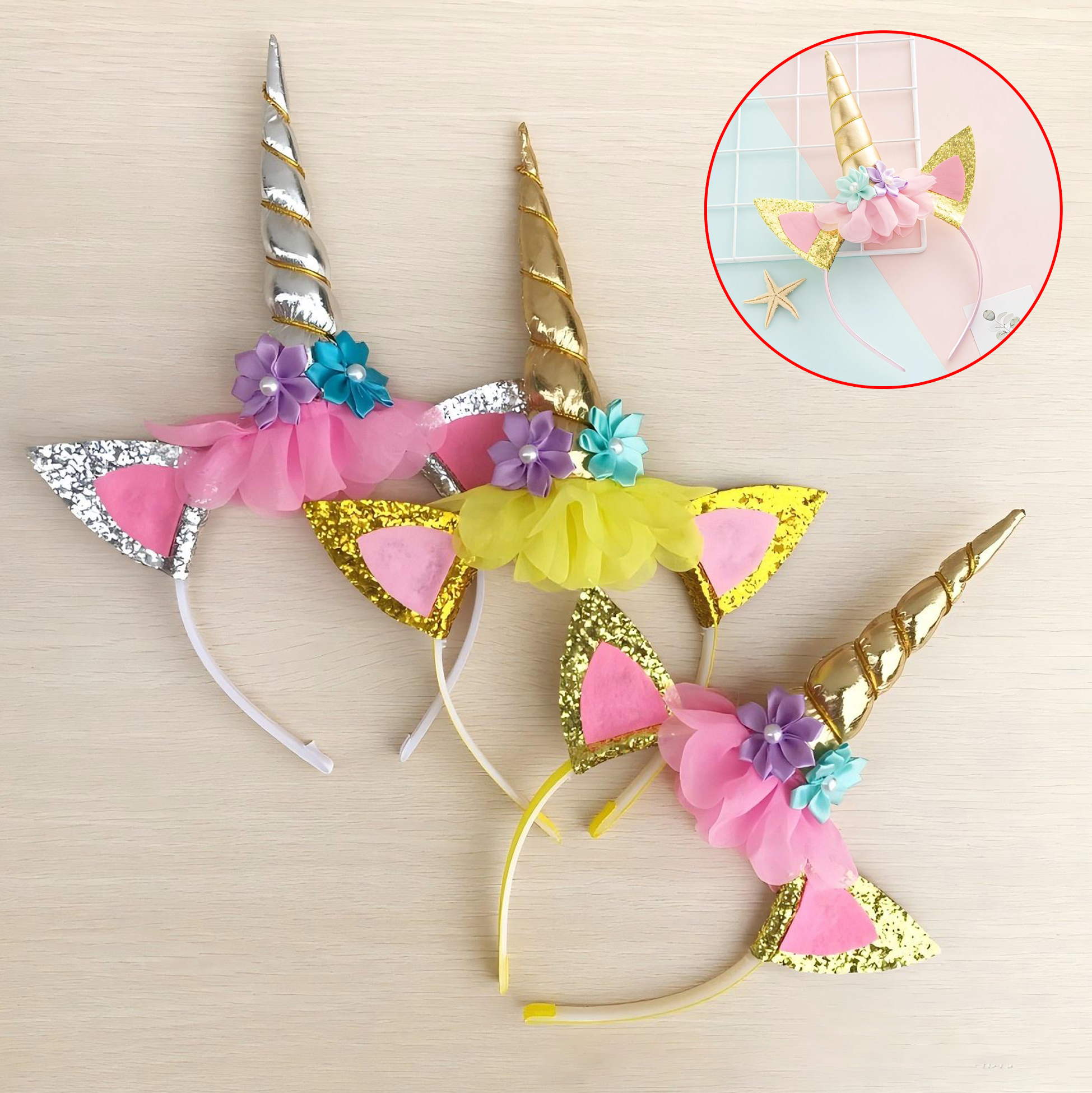 Unicorn Headband with Ears and Flowers