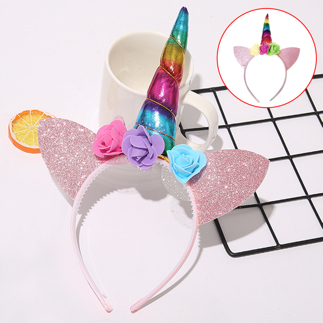 Rainbow Unicorn Headband with Glitter Ears and Flowers