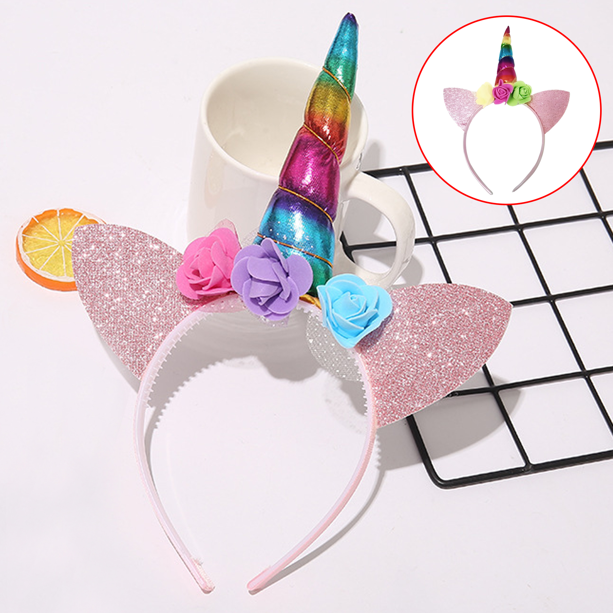 Rainbow Unicorn Headband with Glitter Ears and Flowers