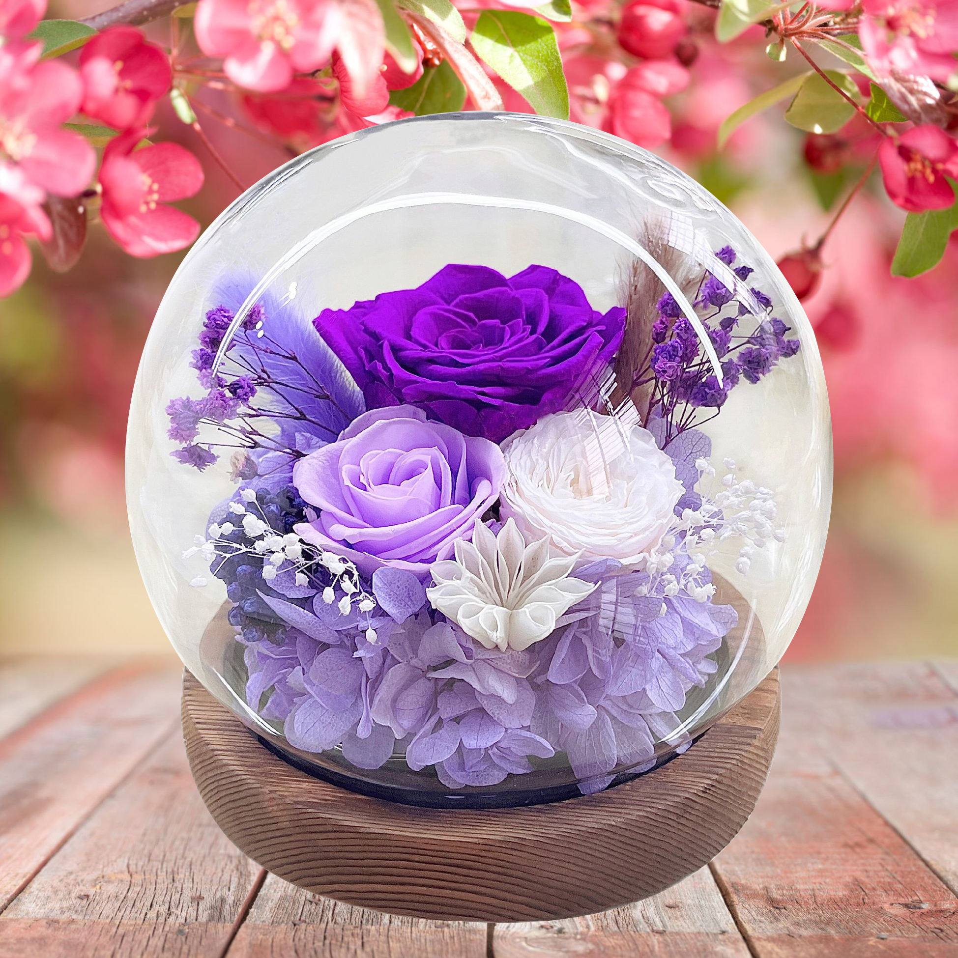 Preserved Flower Dome with Wooden Base