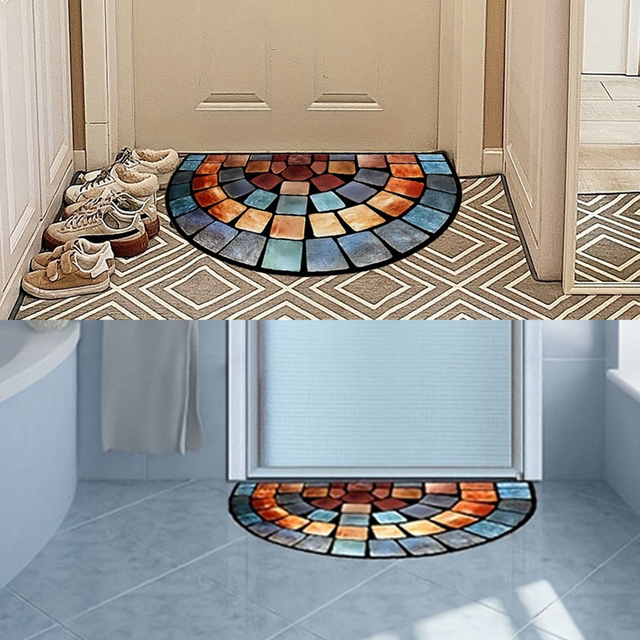 Stained - Glass - Patterned Half - Moon Door Mat