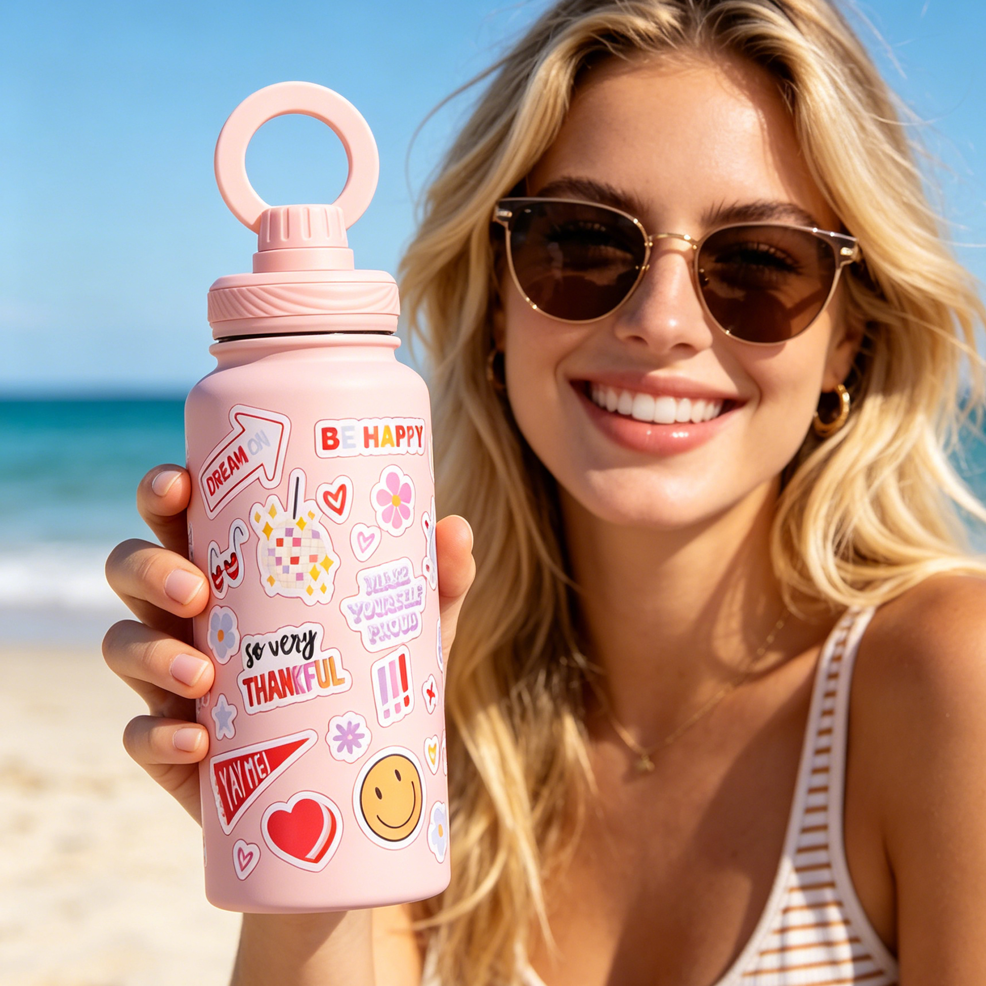 1000ML Cute Printed Insulated Water Bottle with Magnetic Phone Holder Lid, Stainless Steel Travel Tumbler for Gym, Yoga & Outdoor