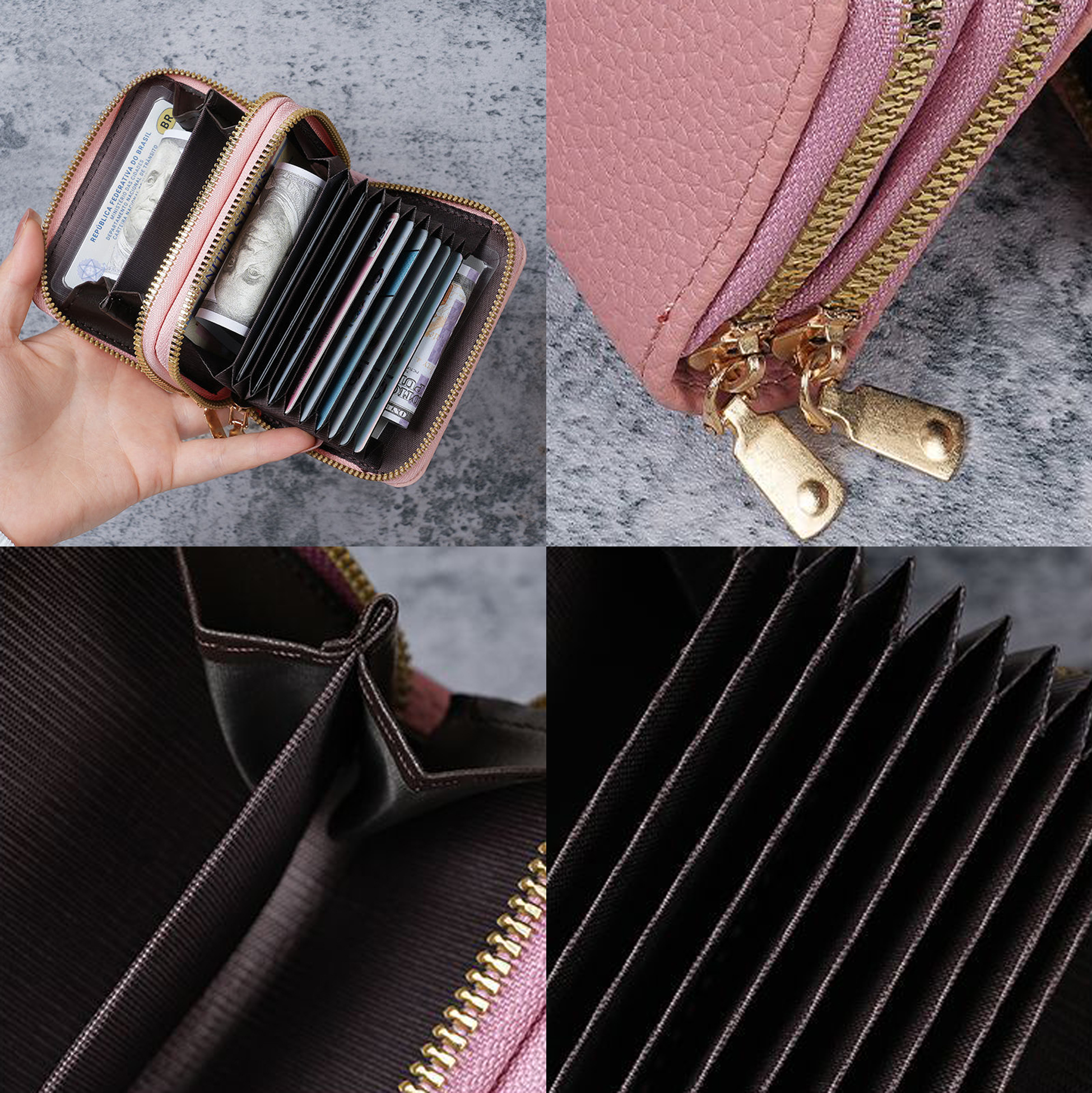 Women's Small Zipper Card Holder Wallet, Compact Faux Leather Accordion Purse