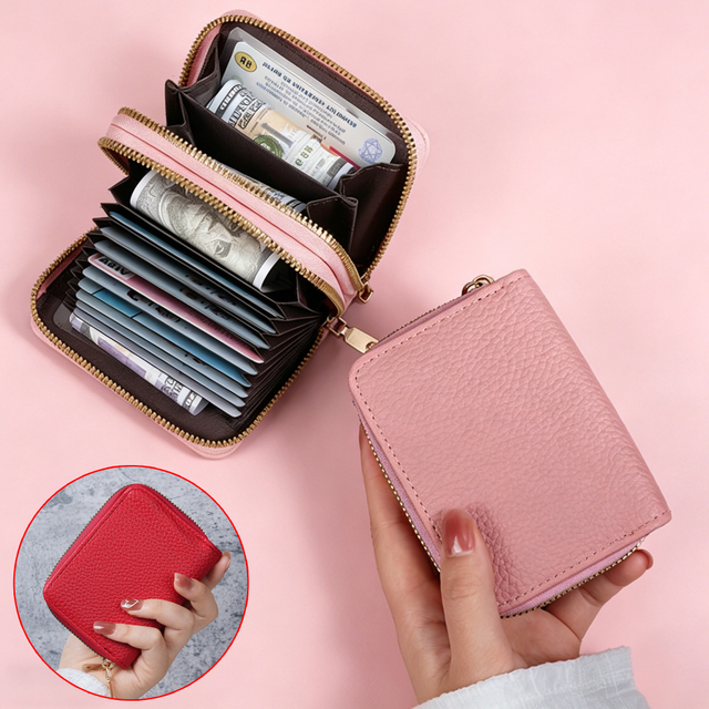 Women's Small Zipper Card Holder Wallet, Compact Faux Leather Accordion Purse