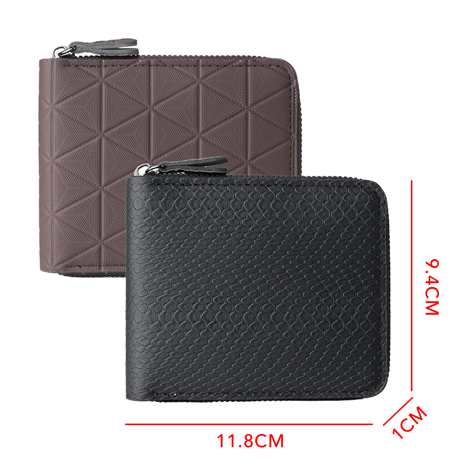 Men's Short Zipper Wallet, Embossed Faux Leather Card Holder