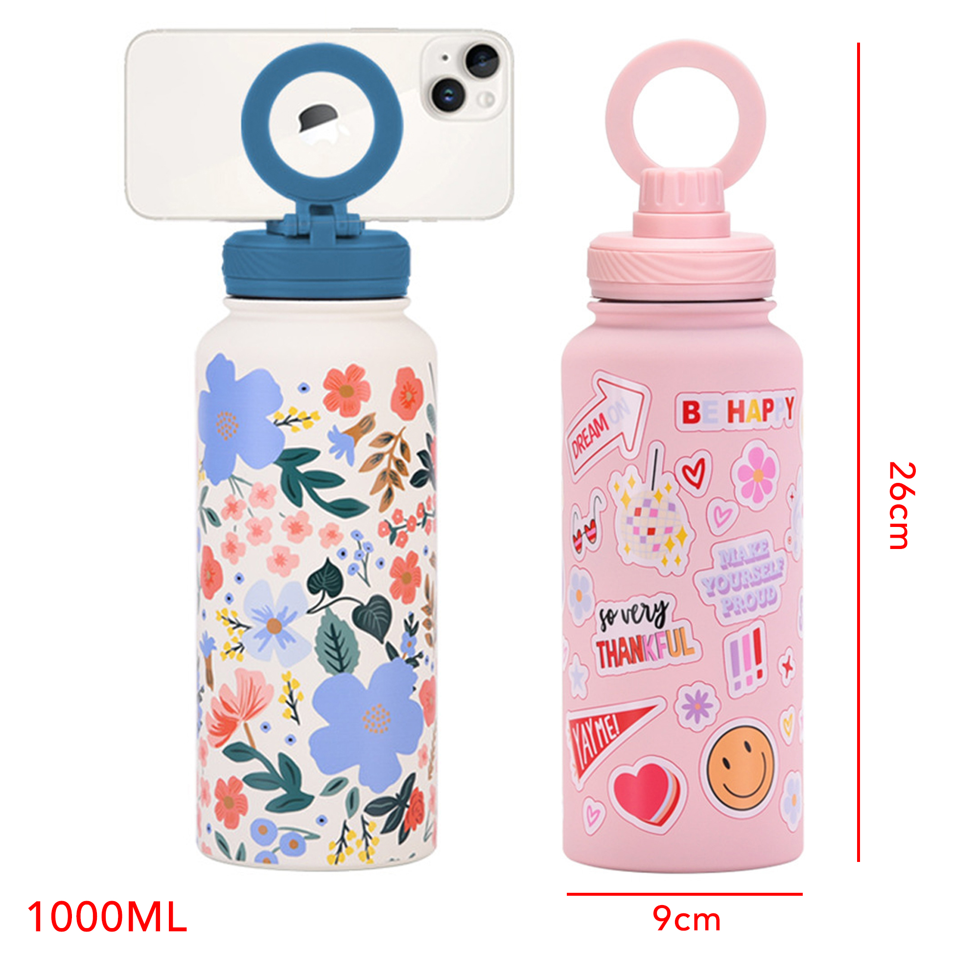 1000ML Cute Printed Insulated Water Bottle with Magnetic Phone Holder Lid, Stainless Steel Travel Tumbler for Gym, Yoga & Outdoor