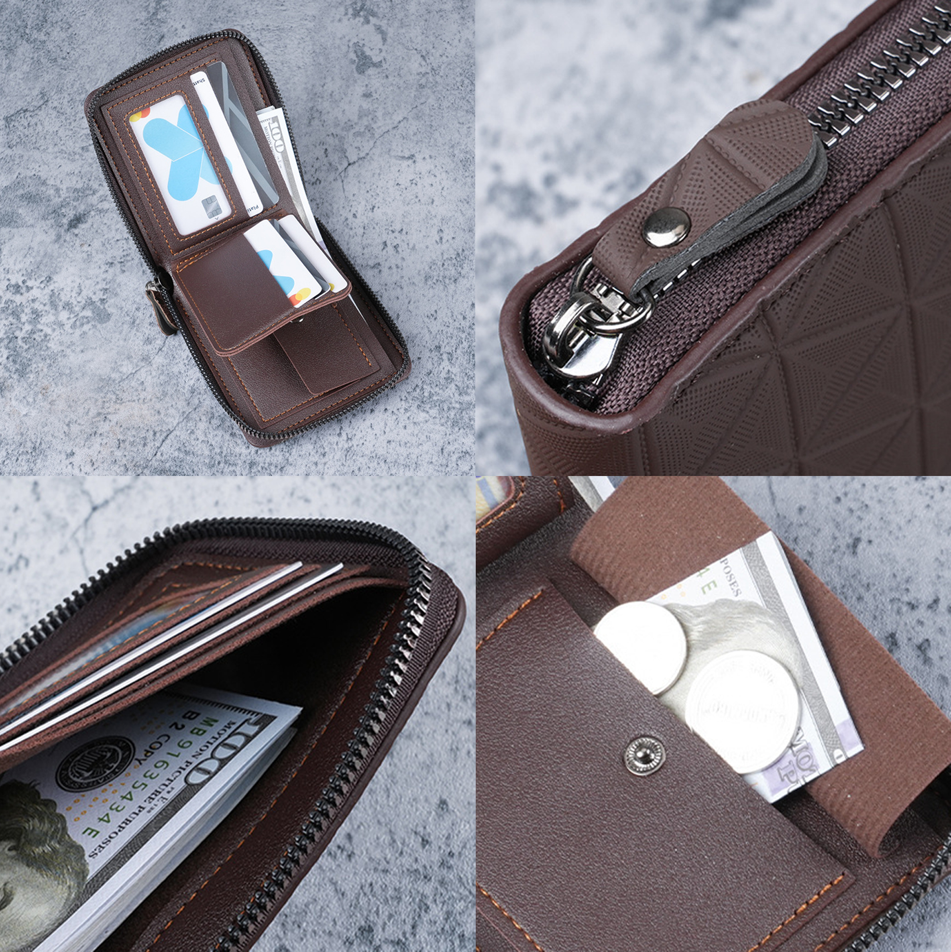 Men's Short Zipper Wallet, Embossed Faux Leather Card Holder