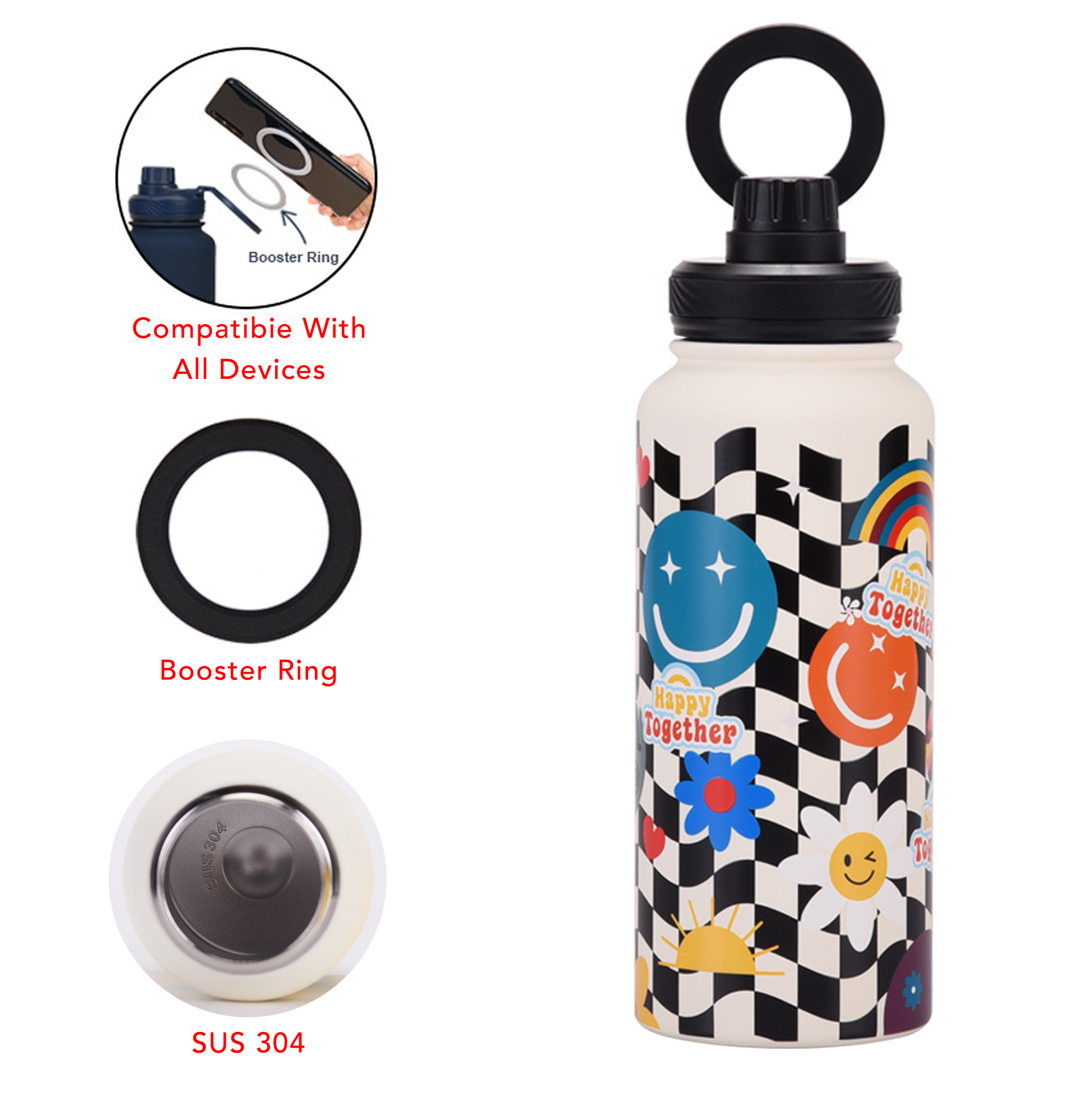 1000ML Cute Printed Insulated Water Bottle with Magnetic Phone Holder Lid, Stainless Steel Travel Tumbler for Gym, Yoga & Outdoor